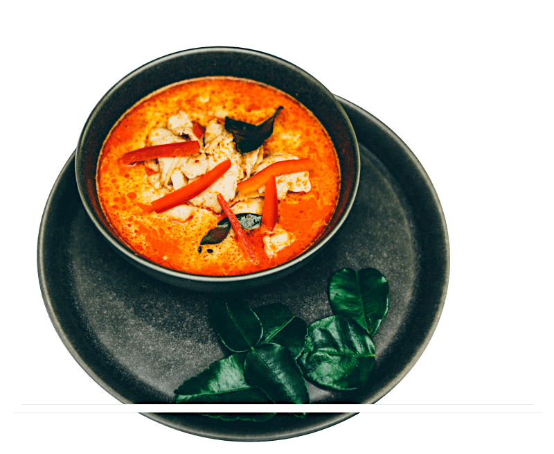 Bowl of Thai curry bordered by white rectangle.
