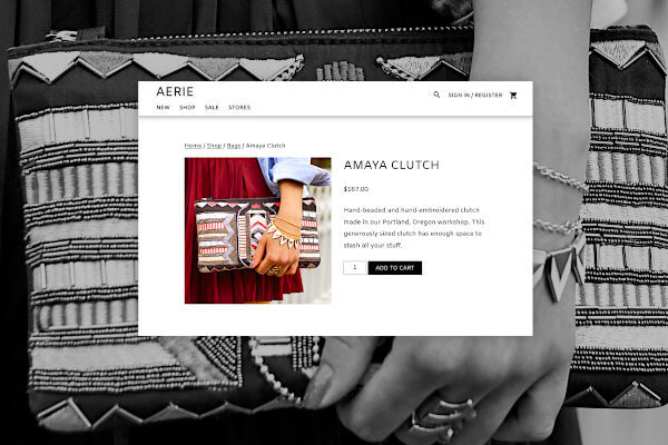 eCommerce website product page selling a clutch purse with beading and embroidery.